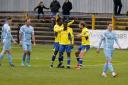 David Noble and Khale Da Costa celebrate David Moyo’s strike which put the Saints into a 3-1 lead. Picture: Leigh Page