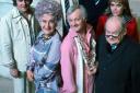 The cast of the film version of Are You Being Served? at Elstree Studios in 1977. The photo includes Wendy Richard and Mollie Sugden who both sadly passed away during 2009. Photo: © Canal Plus UK Ltd.