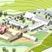 A CGI showing an aerial view of the Home Farm Hub scheme on the Aldenham Estate in Elstree