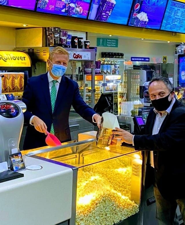 Hertsmere MP Oliver Dowden and Hertsmere Borough Council leader Cllr Morris Bright pictured at Reel Cinema in Borehamwood in October