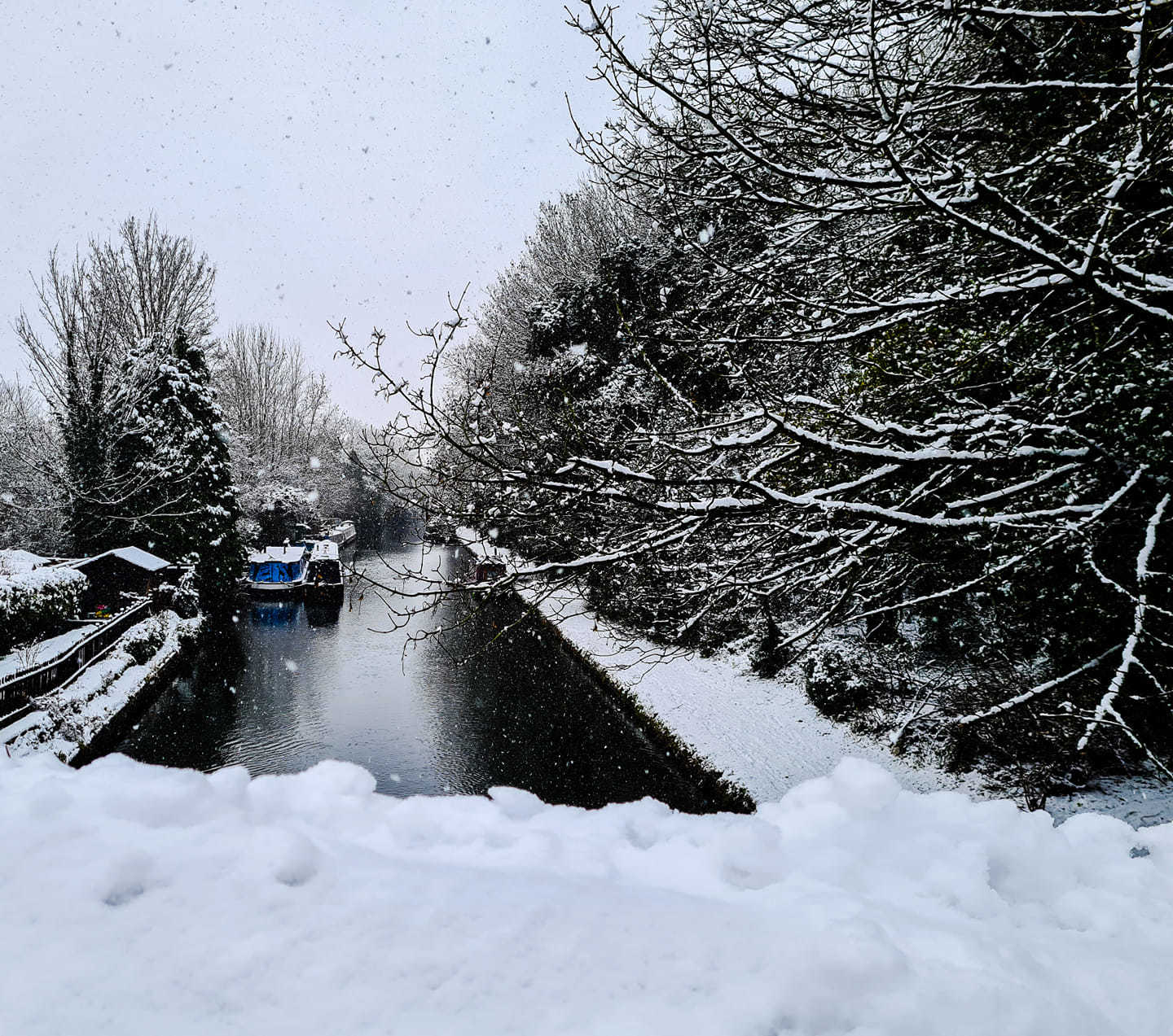 The snow falls on the canal at Hunton Bridge. Credit: Raluk Nemteanu