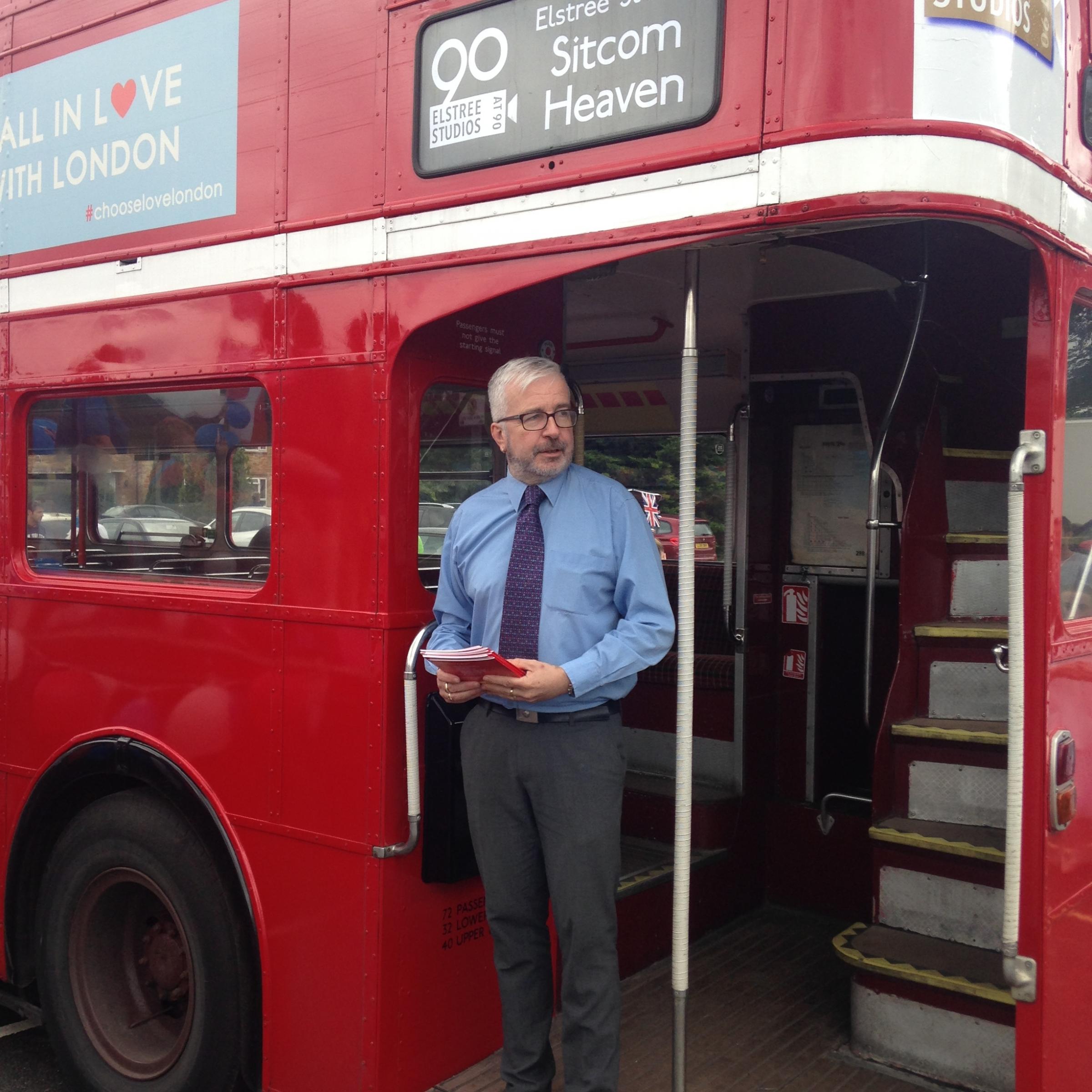 Steve Simmonds pictured on one of the buses for Elstree Studios 90th anniversary celebrations. Credit: Sullivan Buses