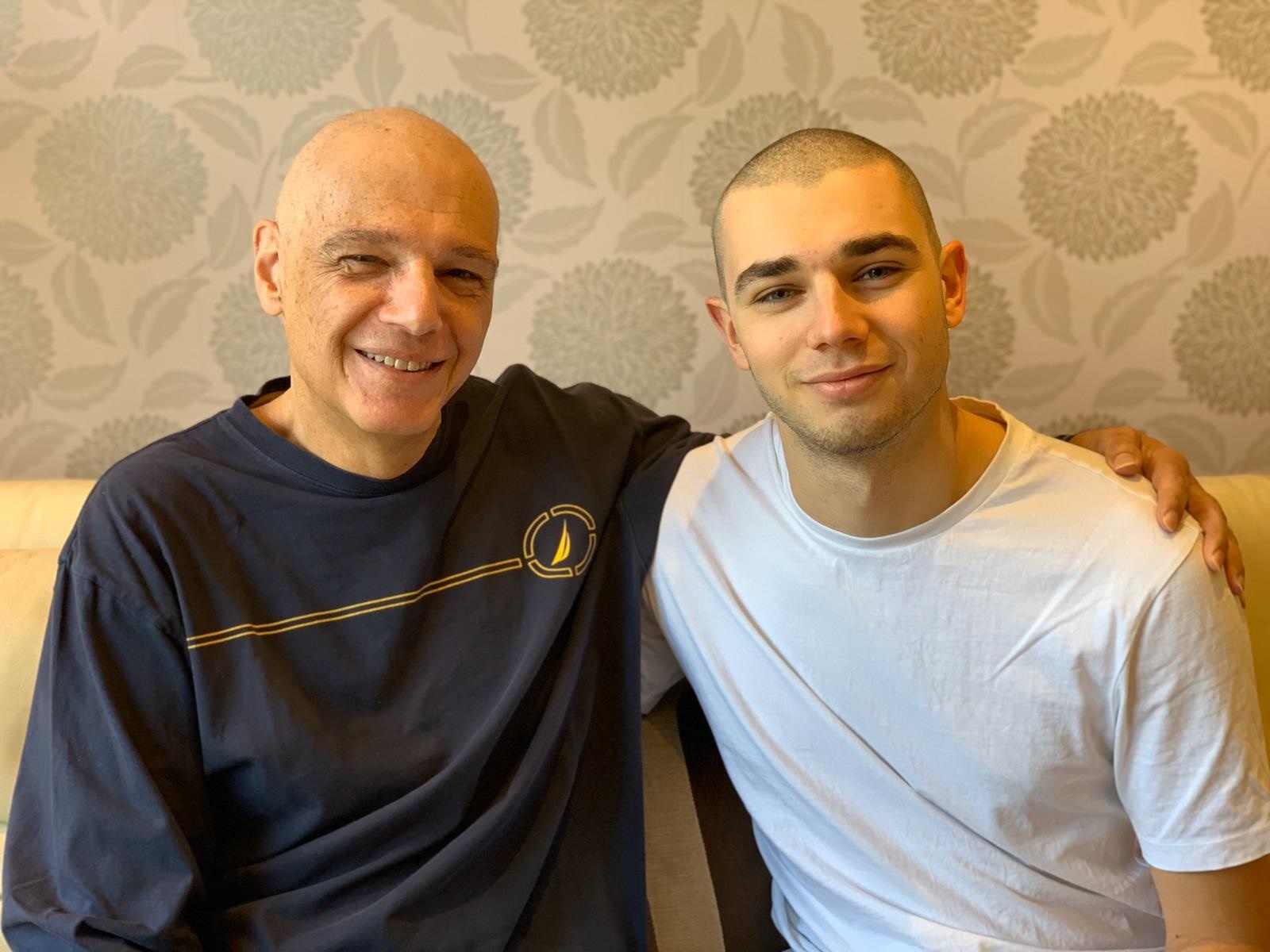 Jamie Wolff shaved his own head after his father Richard, pictured with him, was diagnosed with myeloma