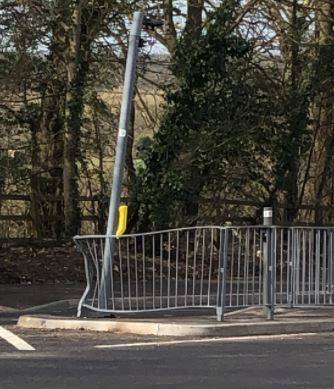 This traffic light pole and railing was damaged by a vehicle struggling to make the turn out of Harper Lane and into Watling Street towards Park Street. Credit: Chris Hook