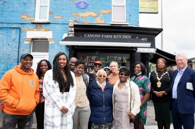 Dawn Butler's blue plaque was placed at the bakery formerly owned by her family. Photo: WFC