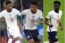 England footballers Marcus Rashford, Jadon Sancho, and Bukayo Saka