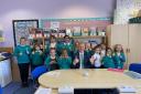 Hertsmere MP Oliver Dowden with pupils from Parkside Community Primary School in Borehamwood