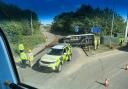 The crash scene on the M25 slip road in London Colney on Wednesday June 14. Credit: Sullivan Buses