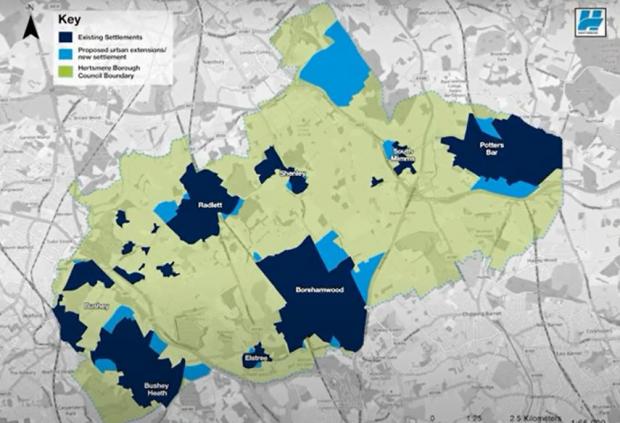 Borehamwood Times: Areas in light blue showed how existing settlements, in dark blue, could be expanded by homes and employment space in the draft local plan which went out for public consultation in 2021. Credit: Hertsmere Borough Council