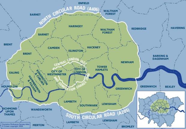 Borehamwood Times: The current ULEZ boundary, up to but not including the North and South Circular roads. Credit: Transport for London