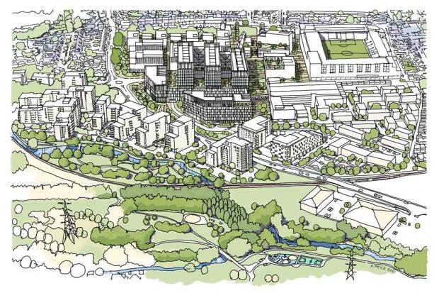 Borehamwood Times: A CGI of what a rebuilt Watford General Hospital could look like, shown in grey in the form of three blocks. Credit: BDP