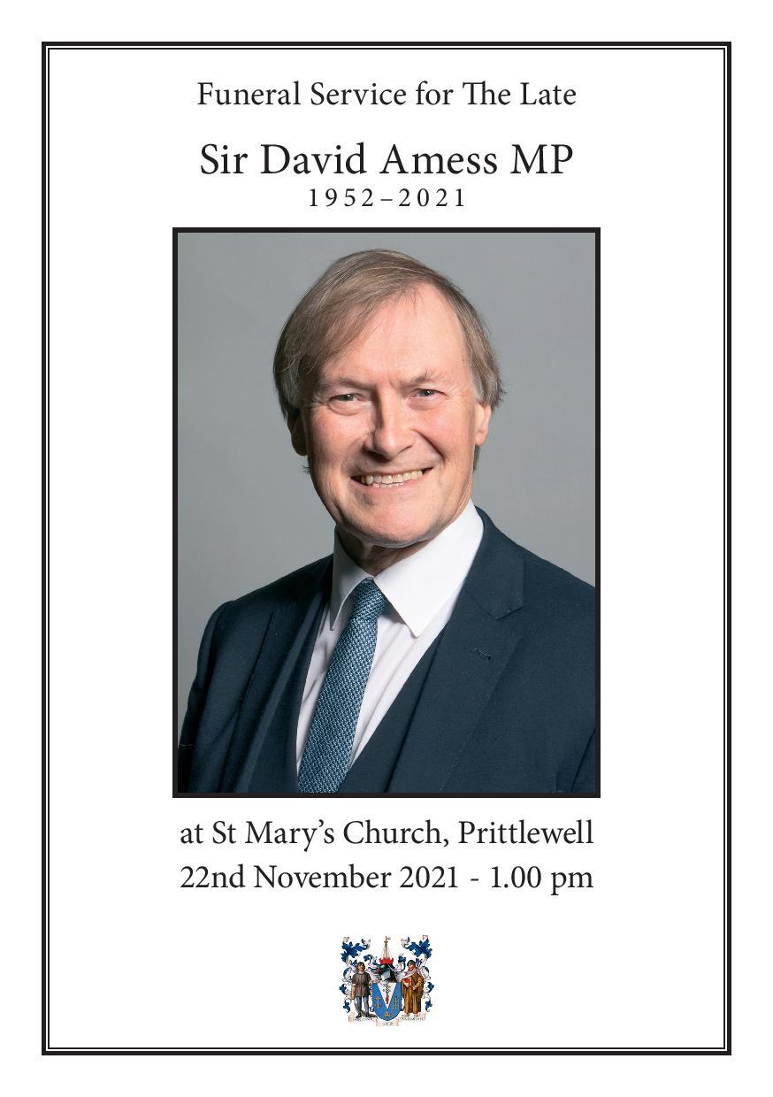 The order of service for Sir David Amess funeral in Southend