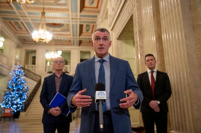 Sinn Fein National chairperson Declan Kearney MLA (centre) with party colleagues Gerry Kelly MLA (left) and John Finucane MLA (right) gives reaction after an meeting with Secretary of State for Northern Ireland Brandon Lewis on Troubles legacy during a