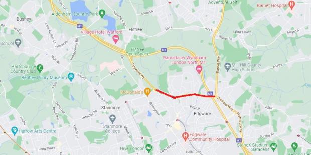 Borehamwood Times: This section of A41 Edgware Way, in red, is facing lane closures over the coming months that TfL warns will cause 'significant' disruption. Credit: Google Maps