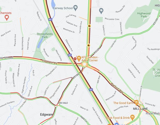 Borehamwood Times: Heavy traffic at Apex Corner. Also shown is heavy traffic on the M1 south towards Staples Corner, which has been caused by today's A406 collision. Credit: Google Maps