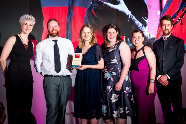From left, comedian and historian Iszi Lawrence, who presented the award, with Arran Johnson, archaeologist and team members, Katrina Gargett, Christina Henzel, Ashley Fisher, and Ian Milsted.