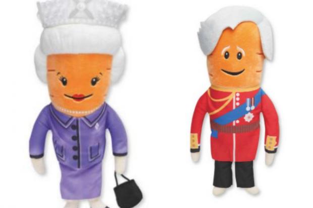 Borehamwood Times: Kevin the Carrot toys: (right) the Queen and (left) Prince Charles (Aldi/Canva)