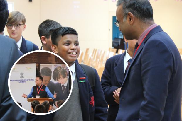 The Indian Embassy paid a visit to a Harrow school to discuss international issues. (Shitanshu Chaurasiya speaking to student and  Amish Tripathi inset)