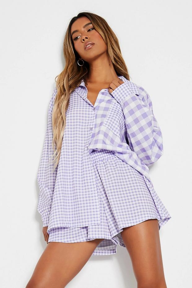 Borehamwood Times: Lilac Contrast Gingham Pocket Front Boyfriend Shirt Co-ord (I Saw It First)