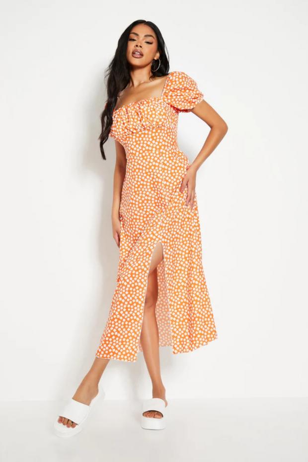 Borehamwood Times: Orange Square Polka Dot Woven Short Puff Sleeve Midi Dress (I Saw It First)