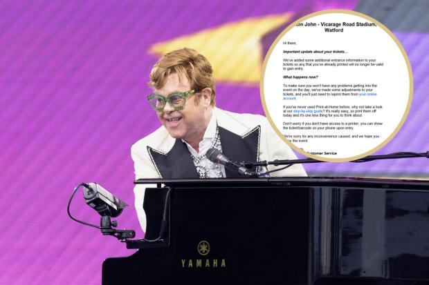 Elton John Picture: PA, Inset: Ticketmaster email Picture: Peter Morgan