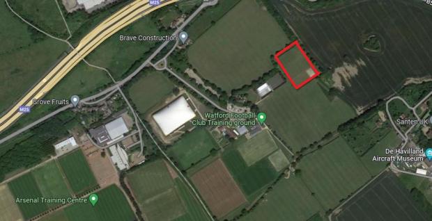 Borehamwood Times: Marked in red is where the solar panels are proposed on former tennis courts. Credit: Google Maps