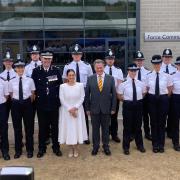 Home Secretary Priti Patel pictured with Chief Constable Charlie Hall, Police and Crime Commissioner David Lloyd and the student police officers. Credit: Hertfordshire Constabulary