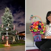 The tree in ribbons in Borehamwood in 2021. Also pictured is Baby Loss Awareness Week organiser Tina Nandha