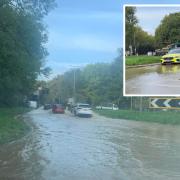 Flooding at this roundabout where the A41 and Elstree Road meet between Elstree and Bushey is causing traffic delays. Image: Amanda Tropp/UGC