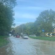 Flooding on the roundabout where the A41 and Elstree Road meet between Elstree and Bushey. Image: Amanda Tropp