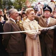 Mayor of Hertsmere Iris Fielding with TV personality Monty Modlin, right, and her husband, left in 1983 at the opening of the football ground market