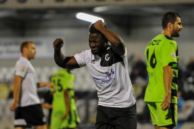 Junior Morias' frustrations sum up a night of disappointment for Boreham Wood. Picture: Sean Hinks